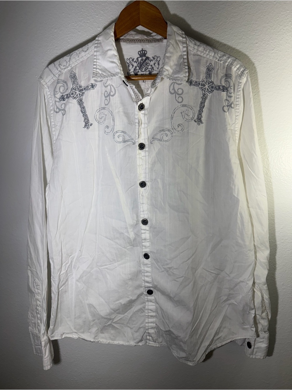 Guess Mens Large White Embroidered Cross Y2K Button Up Shirt Long Sleeve Gray